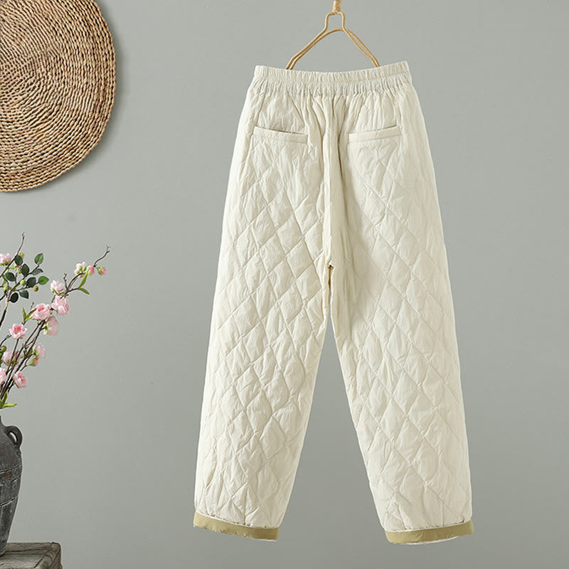 Pantalon pour femme en coton épais à motif losanges et fleurs roses Buddha Stones, avec poches - image 2