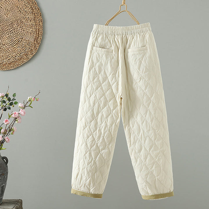 Pantalon pour femme en coton épais à motif losanges et fleurs roses Buddha Stones, avec poches - image 2