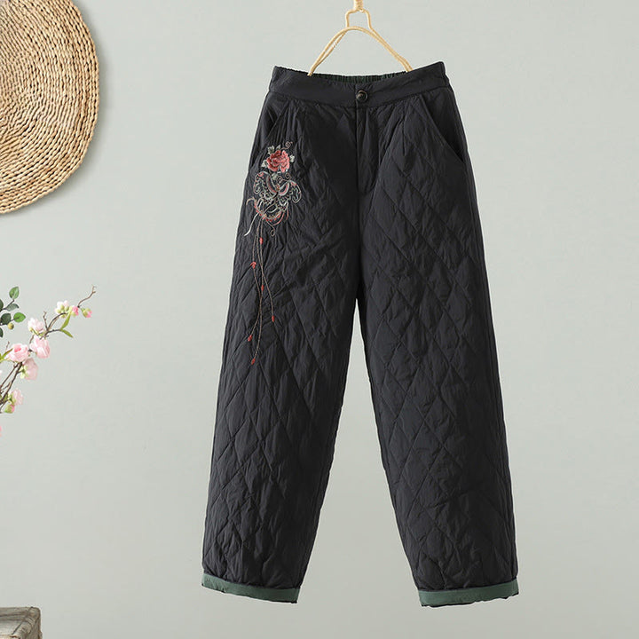 Pantalon pour femme en coton épais à motif losanges et fleurs roses Buddha Stones, avec poches - Noir - US8-10，UK/AU12-14，EU40-42 (2XL) - image 11