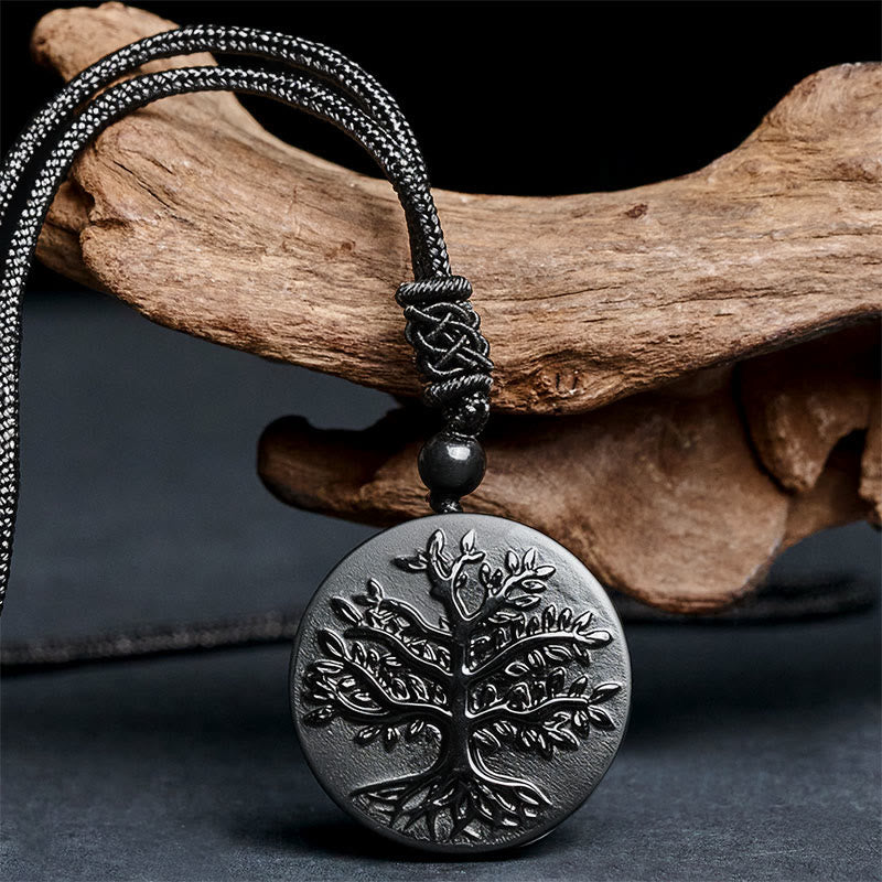 Pendentif de transformation en obsidienne noire naturelle, motif Arbre de Vie , Buddha Stones - image 1
