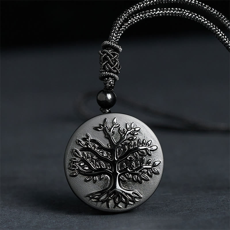 Pendentif de transformation en obsidienne noire naturelle, motif Arbre de Vie , Buddha Stones - Obsidienne noire (Taille du pendentif : env. 30 mm) - image 0