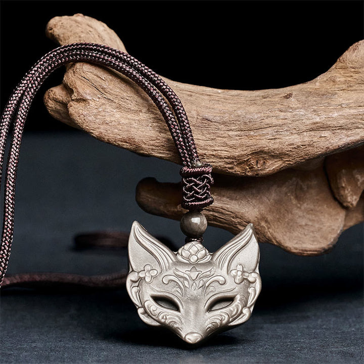 Collier pendentif de protection en obsidienne argentée, orné d'un renard en relief de Buddha Stones et de pierres de glace. - image 2
