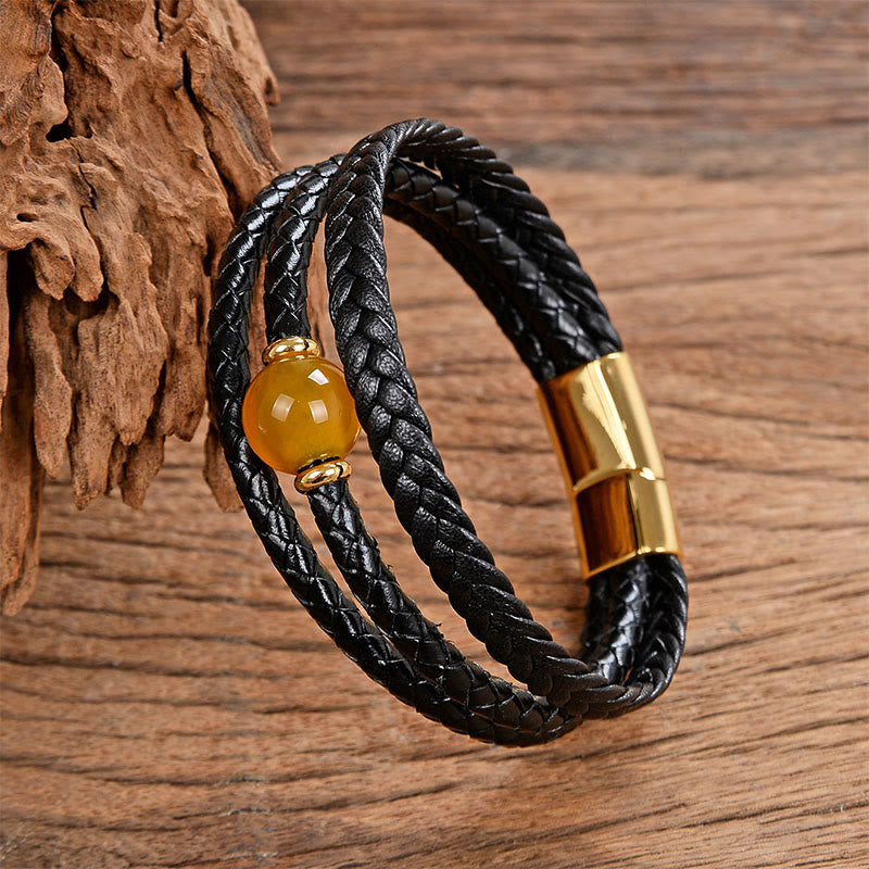 Bracelet d'équilibre en cuir tressé orné de six mots de vérité gravés sur des perles multicolores en améthyste et lazurite de Buddha Stones. - Agate jaune - 18-22 cm - image 25