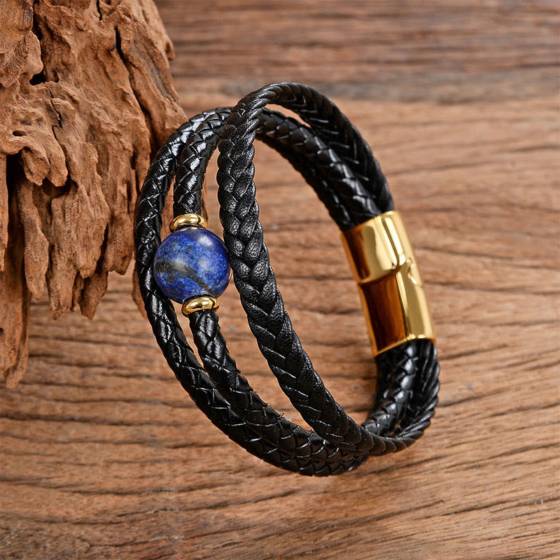 Bracelet d'équilibre en cuir tressé orné de six mots de vérité gravés sur des perles multicolores en améthyste et lazurite de Buddha Stones. - Lazurite - 18-22 cm - image 12