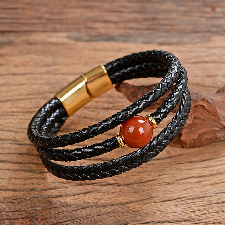 Bracelet d'équilibre en cuir tressé orné de six mots de vérité gravés sur des perles multicolores en améthyste et lazurite de Buddha Stones. - Agate rouge - 18-22 cm - image 16