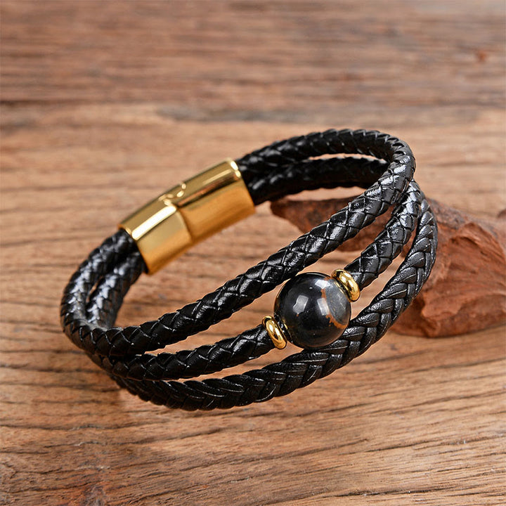 Bracelet d'équilibre en cuir tressé orné de six mots de vérité gravés sur des perles multicolores en améthyste et lazurite de Buddha Stones. - Liuli noir - 18-22 cm - image 5