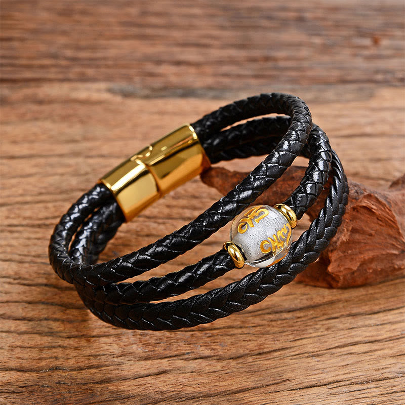 Bracelet d'équilibre en cuir tressé orné de six mots de vérité gravés sur des perles multicolores en améthyste et lazurite de Buddha Stones. - White Liuli&Om Mani Padme Hum - 18-22 cm - image 6