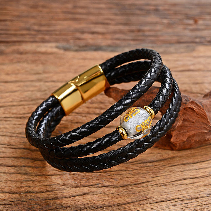 Bracelet d'équilibre en cuir tressé orné de six mots de vérité gravés sur des perles multicolores en améthyste et lazurite de Buddha Stones. - White Liuli&Om Mani Padme Hum - 18-22 cm - image 6