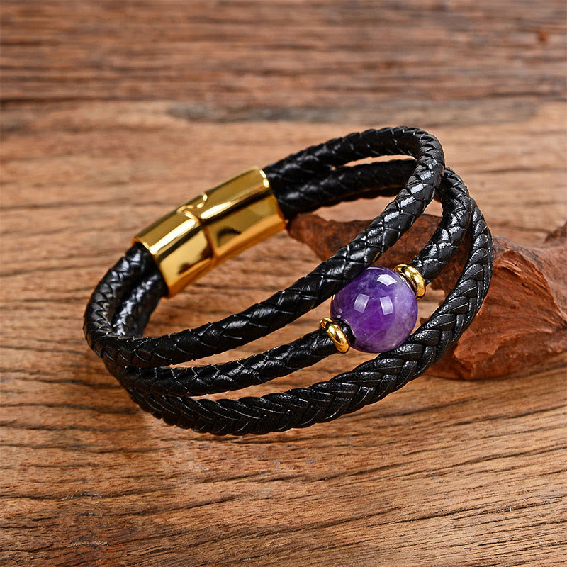 Bracelet d'équilibre en cuir tressé orné de six mots de vérité gravés sur des perles multicolores en améthyste et lazurite de Buddha Stones. - Améthyste - 18-22 cm - image 3