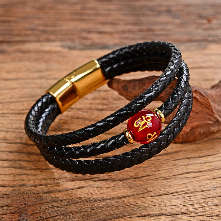 Bracelet d'équilibre en cuir tressé orné de six mots de vérité gravés sur des perles multicolores en améthyste et lazurite de Buddha Stones. - Red Liuli&Om Mani Padme Hum - 18-22 cm - image 8