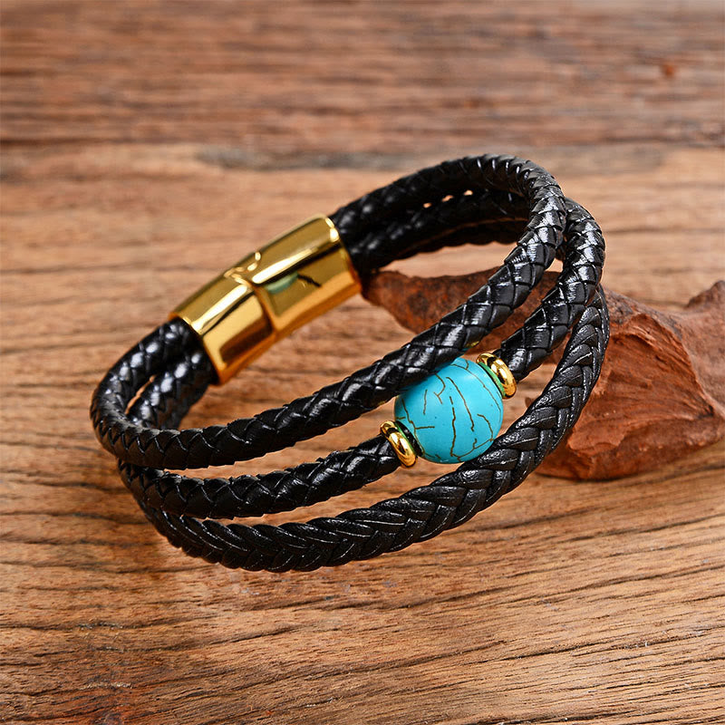 Bracelet d'équilibre en cuir tressé orné de six mots de vérité gravés sur des perles multicolores en améthyste et lazurite de Buddha Stones. - Turquoise - 18-22 cm - image 21
