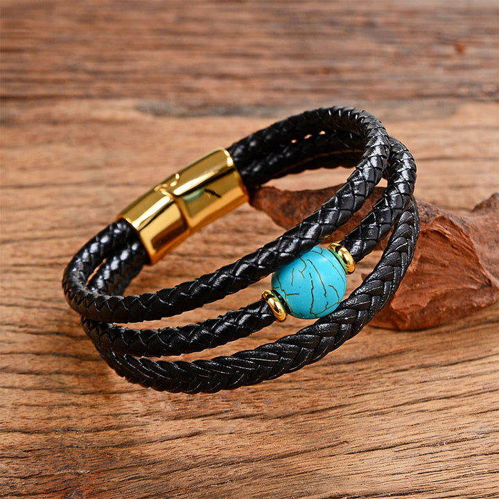 Bracelet d'équilibre en cuir tressé orné de six mots de vérité gravés sur des perles multicolores en améthyste et lazurite de Buddha Stones. - Turquoise - 18-22 cm - image 21