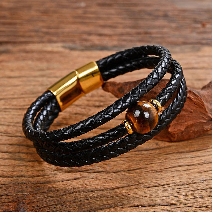 Bracelet d'équilibre en cuir tressé orné de six mots de vérité gravés sur des perles multicolores en améthyste et lazurite de Buddha Stones. - Œil de tigre - 18-22 cm - image 19