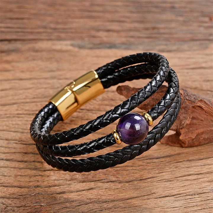 Bracelet d'équilibre en cuir tressé orné de six mots de vérité gravés sur des perles multicolores en améthyste et lazurite de Buddha Stones. - Œil de tigre violet - 18-22 cm - image 14