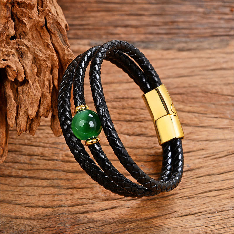 Bracelet d'équilibre en cuir tressé orné de six mots de vérité gravés sur des perles multicolores en améthyste et lazurite de Buddha Stones. - Œil de tigre vert - 18-22 cm - image 0