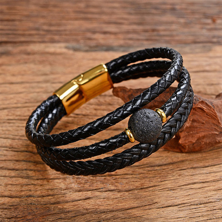 Bracelet d'équilibre en cuir tressé orné de six mots de vérité gravés sur des perles multicolores en améthyste et lazurite de Buddha Stones. - Roche de lave - 18-22 cm - image 23
