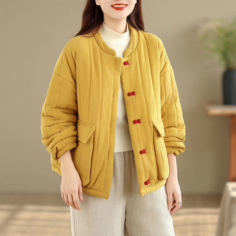 Veste femme en coton épais à manches longues et poches, ornée de rayures et de boutons grenouille, avec motif Buddha Stones - image 8