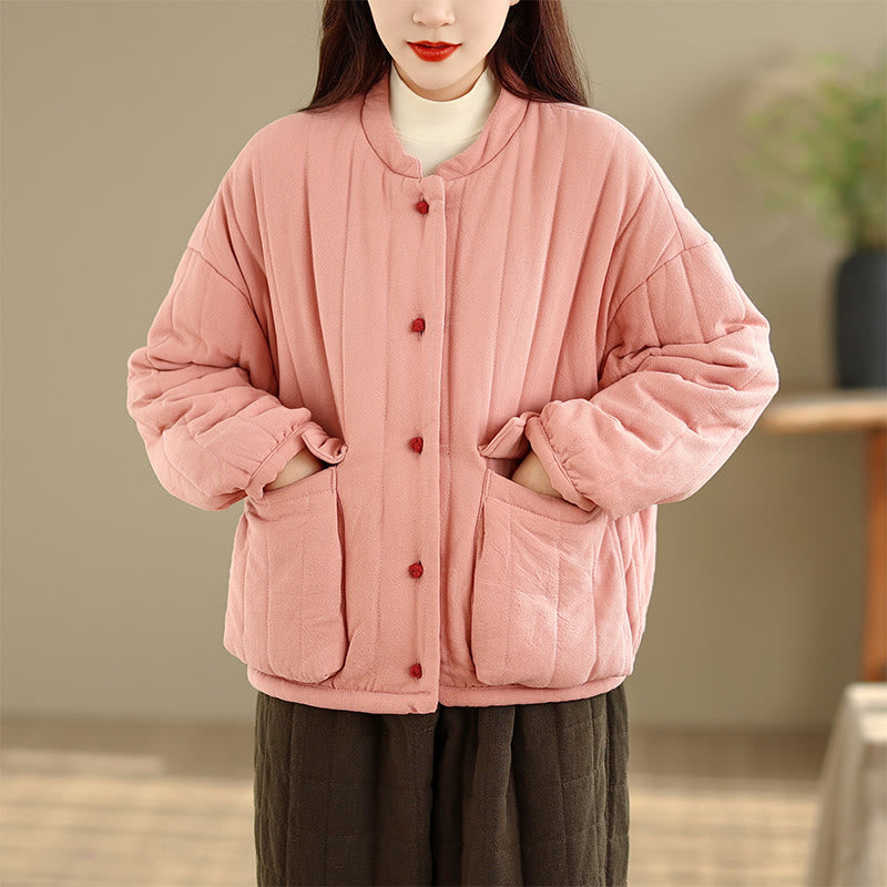 Veste femme en coton épais à manches longues et poches, ornée de rayures et de boutons grenouille, avec motif Buddha Stones - image 1