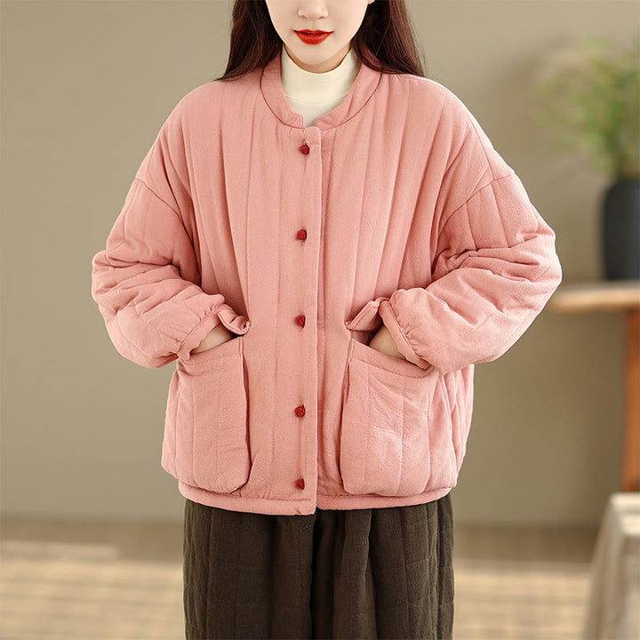 Veste femme en coton épais à manches longues et poches, ornée de rayures et de boutons grenouille, avec motif Buddha Stones - image 1