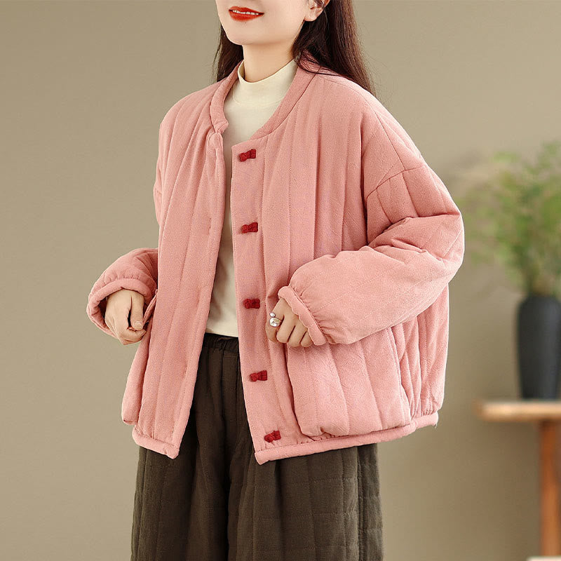 Veste femme en coton épais à manches longues et poches, ornée de rayures et de boutons grenouille, avec motif Buddha Stones - image 3