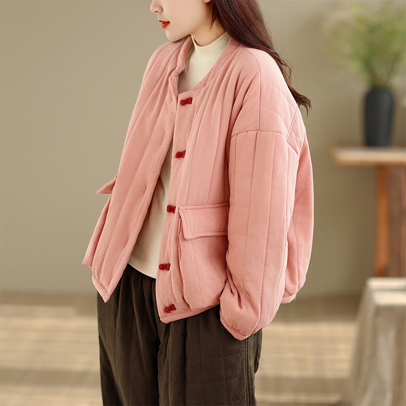 Veste femme en coton épais à manches longues et poches, ornée de rayures et de boutons grenouille, avec motif Buddha Stones - image 4