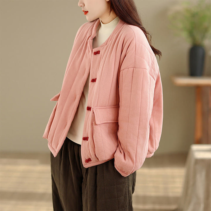 Veste femme en coton épais à manches longues et poches, ornée de rayures et de boutons grenouille, avec motif Buddha Stones - image 4