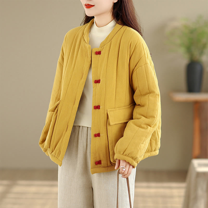 Veste femme en coton épais à manches longues et poches, ornée de rayures et de boutons grenouille, avec motif Buddha Stones - image 12