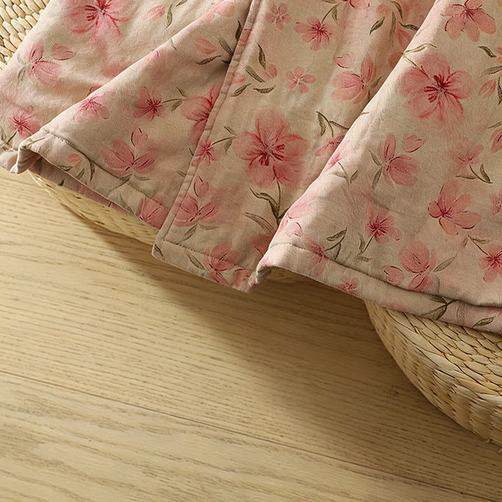 Manteau femme à col rond et manches longues en coton épais, orné de boutons grenouille et de motifs floraux en Buddha Stones  - image 7