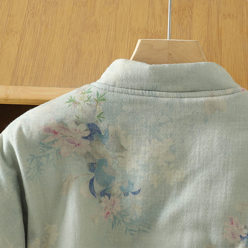 Manteau femme à col rond et manches longues en coton épais, orné de boutons grenouille et de motifs floraux en Buddha Stones  - image 14