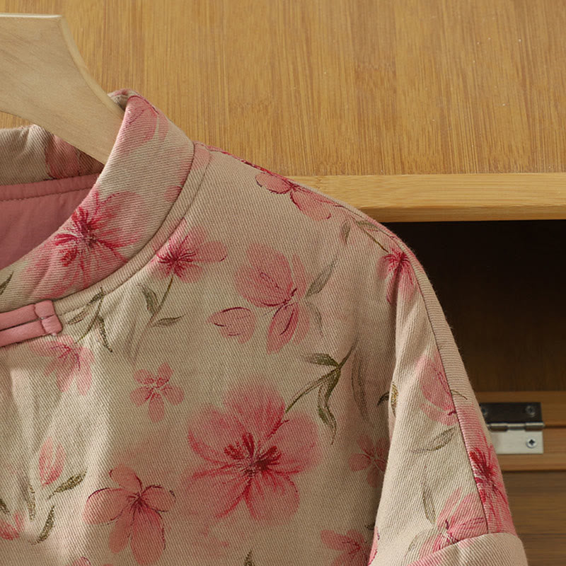 Manteau femme à col rond et manches longues en coton épais, orné de boutons grenouille et de motifs floraux en Buddha Stones  - image 3