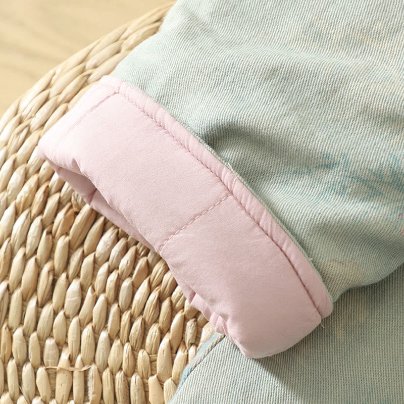 Manteau femme à col rond et manches longues en coton épais, orné de boutons grenouille et de motifs floraux en Buddha Stones  - image 18