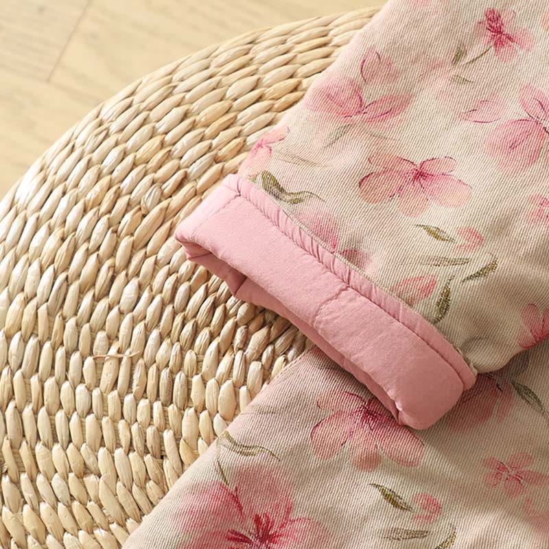 Manteau femme à col rond et manches longues en coton épais, orné de boutons grenouille et de motifs floraux en Buddha Stones  - image 5