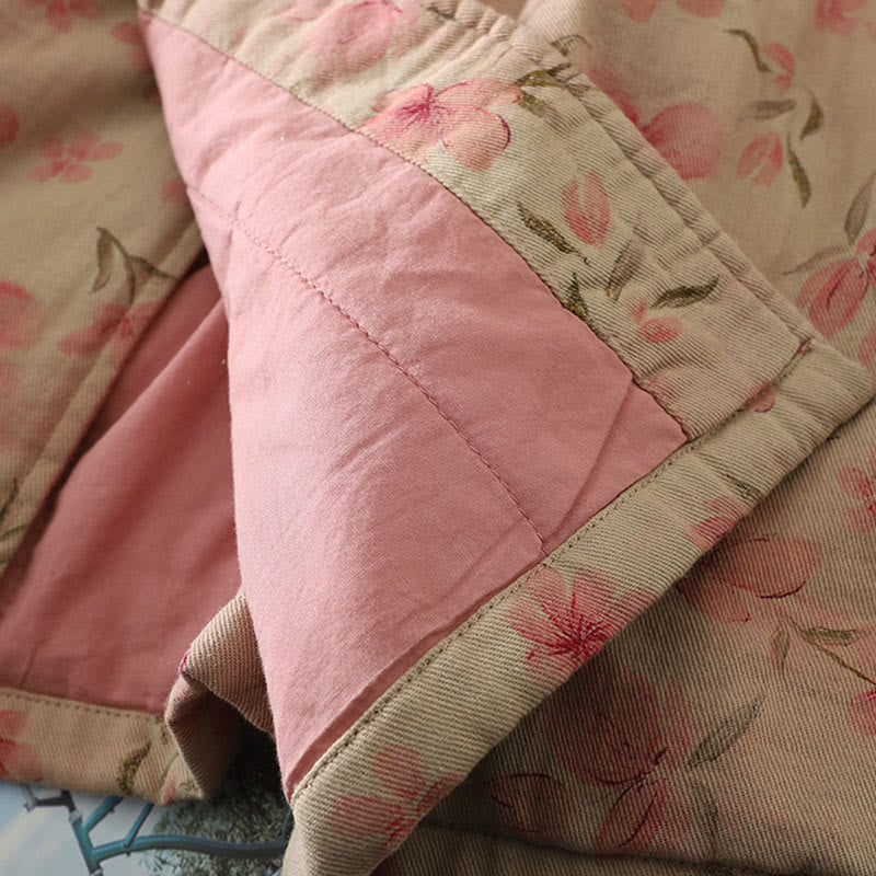 Manteau femme à col rond et manches longues en coton épais, orné de boutons grenouille et de motifs floraux en Buddha Stones  - image 8