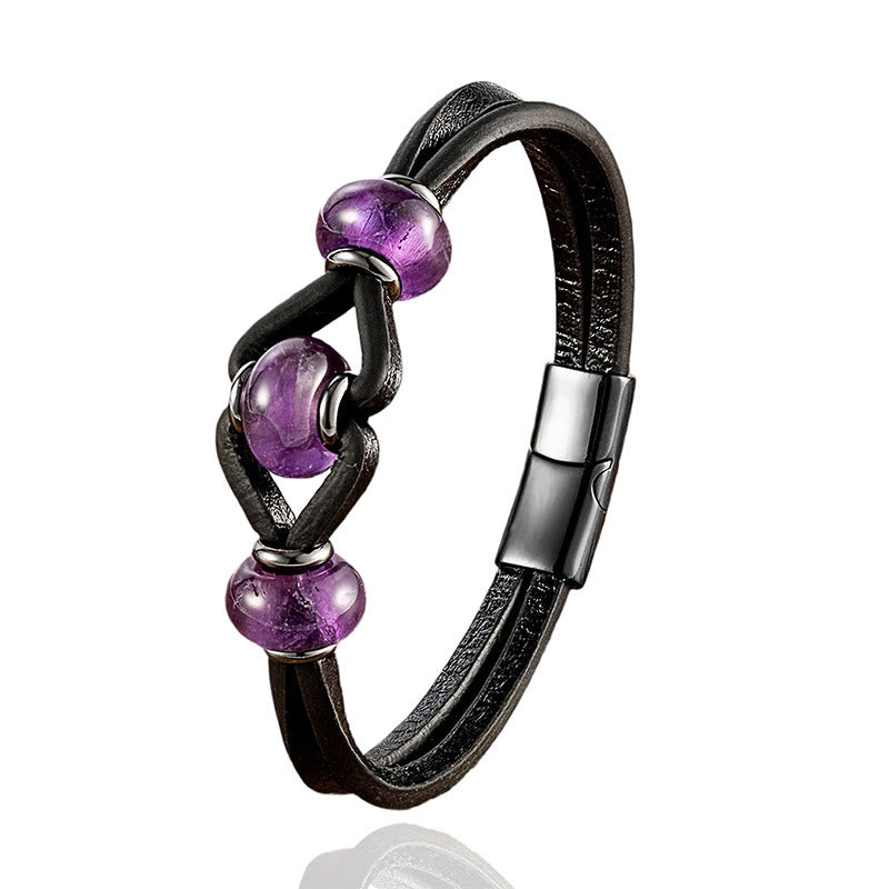 Bracelet rond en cuir double et pierre de cristal d'améthyste Buddha Stones, anti-stress - image 1