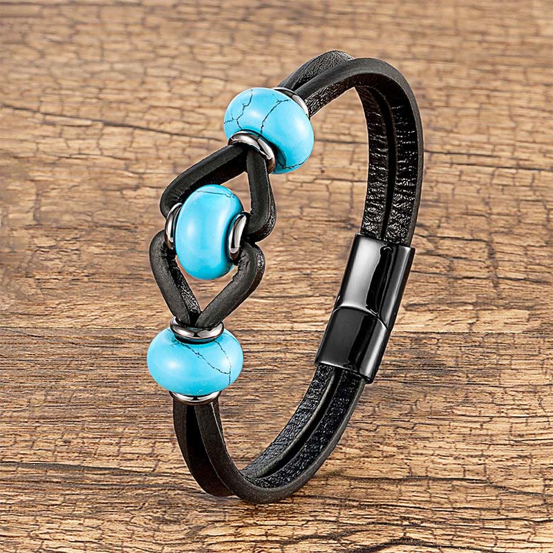 Bracelet rond en cuir double et pierre de cristal d'améthyste Buddha Stones, anti-stress - Turquoise - 18-22 cm - image 4