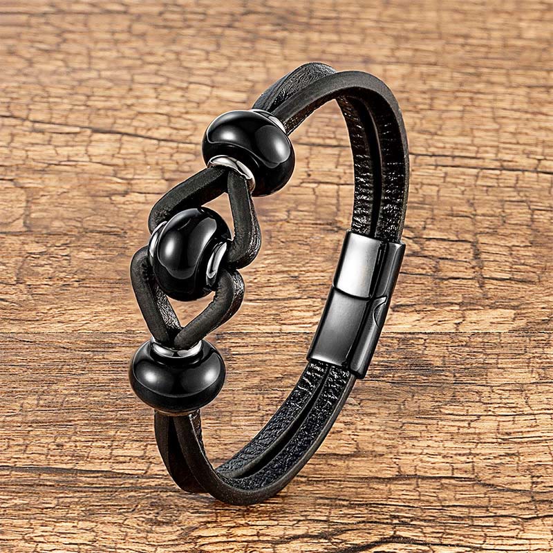 Bracelet rond en cuir double et pierre de cristal d'améthyste Buddha Stones, anti-stress - Onyx noir - 18-22 cm - image 7