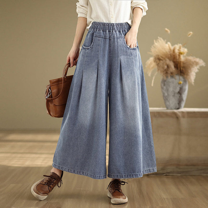 Pantalon large taille haute pour femme avec poches, style vintage effet vieilli, motif Buddha Stones Fall - Bleu foncé - US8-10，UK/AU12-14，EU40-42 (2XL) - image 0