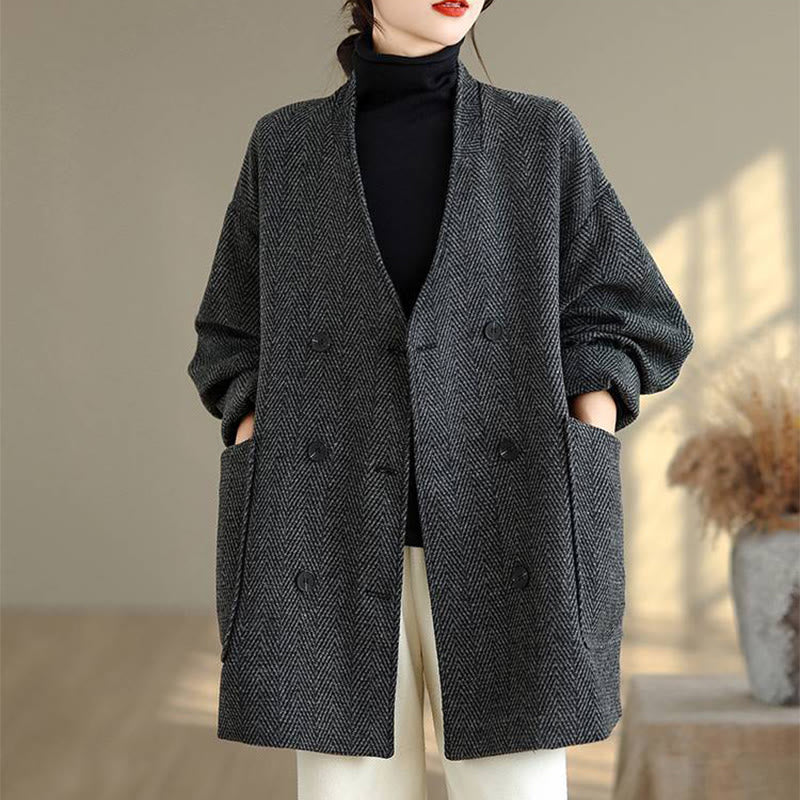 Manteau femme à rayures, col en V, manches longues, en coton, avec poches , Buddha Stones - image 1