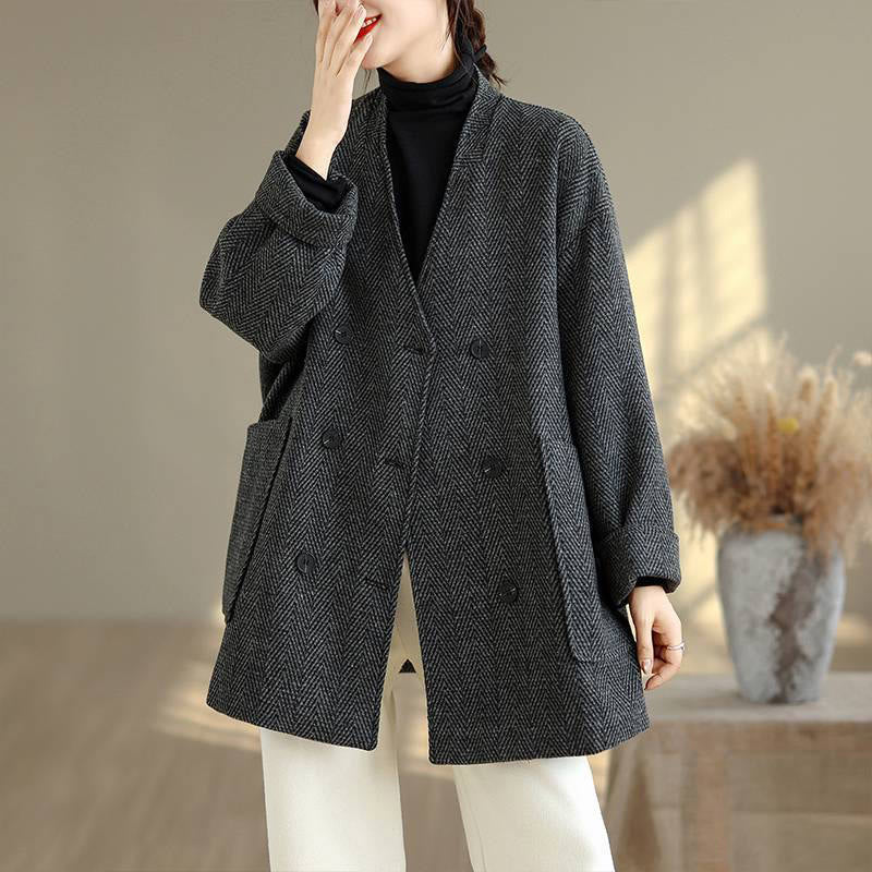 Manteau femme à rayures, col en V, manches longues, en coton, avec poches , Buddha Stones - Noir - US14，UK/AU18，EU46 (2XL) - image 0