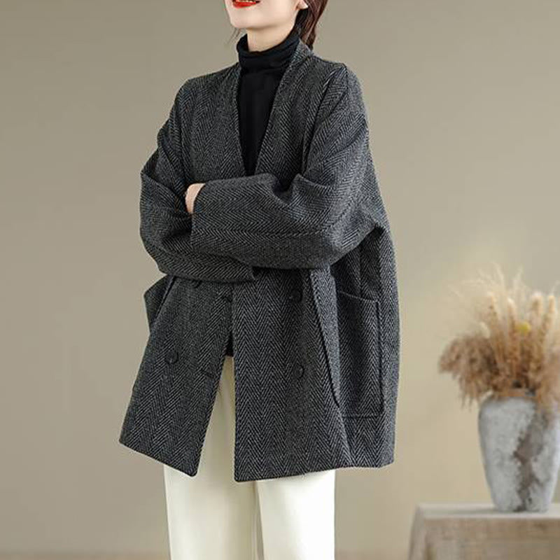 Manteau femme à rayures, col en V, manches longues, en coton, avec poches , Buddha Stones - image 2