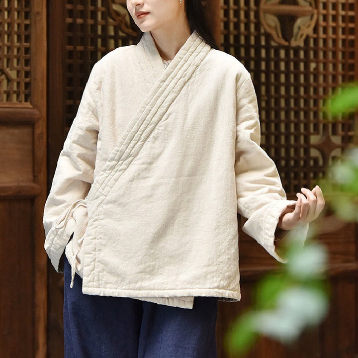 Veste femme en coton épais uni à manches longues et col en biais, motif Buddha Stones  - Neige - US8-10，UK/AU12-14，EU40-42 (2XL) - image 0