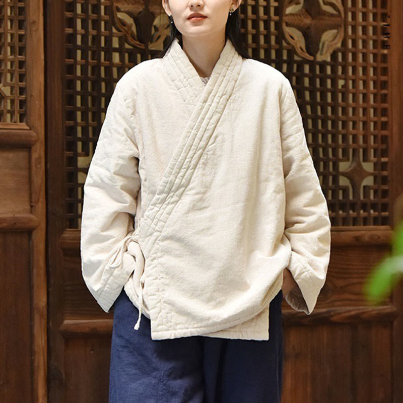 Veste femme en coton épais uni à manches longues et col en biais, motif Buddha Stones  - image 1