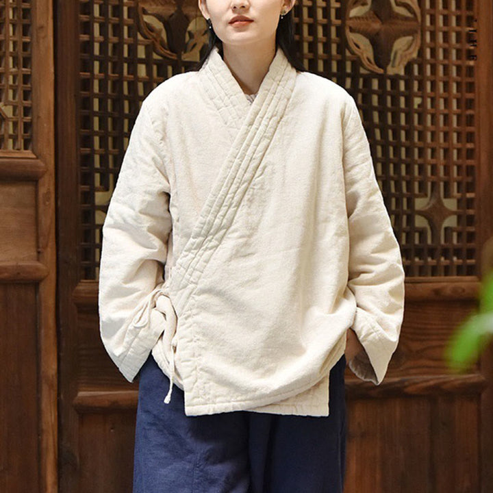 Veste femme en coton épais uni à manches longues et col en biais, motif Buddha Stones  - image 1