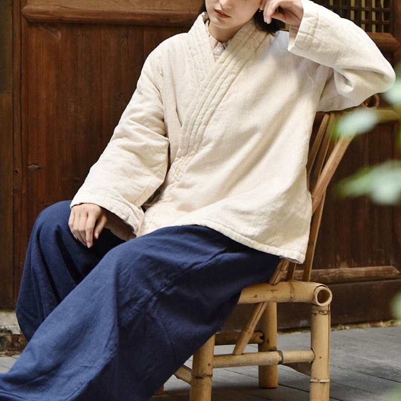 Veste femme en coton épais uni à manches longues et col en biais, motif Buddha Stones  - image 3