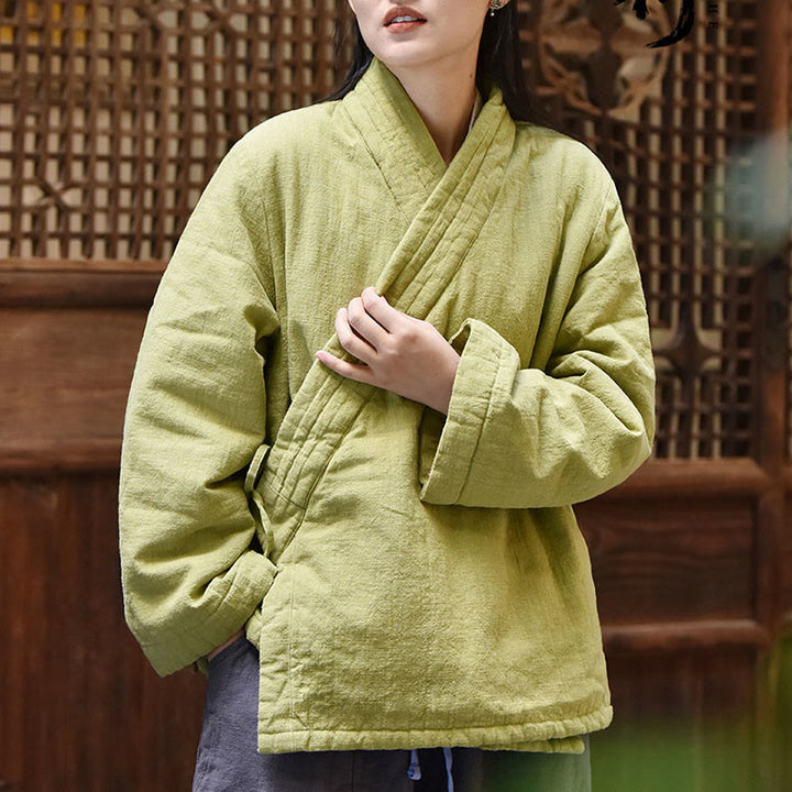 Veste femme en coton épais uni à manches longues et col en biais, motif Buddha Stones  - image 7