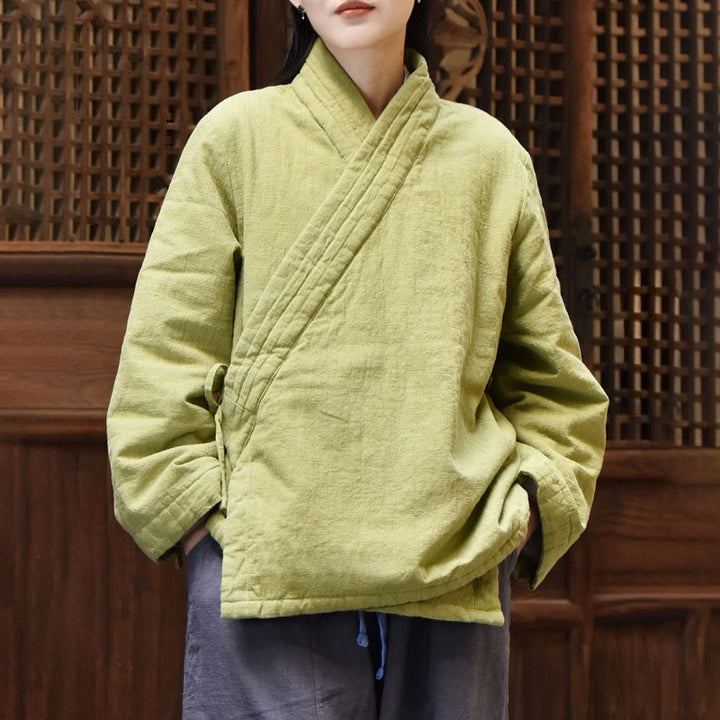 Veste femme en coton épais uni à manches longues et col en biais, motif Buddha Stones  - JauneVert - US8-10，UK/AU12-14，EU40-42 (2XL) - image 5