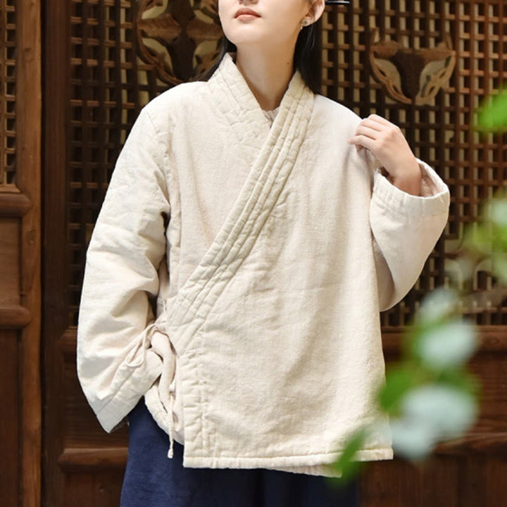 Veste femme en coton épais uni à manches longues et col en biais, motif Buddha Stones  - image 2