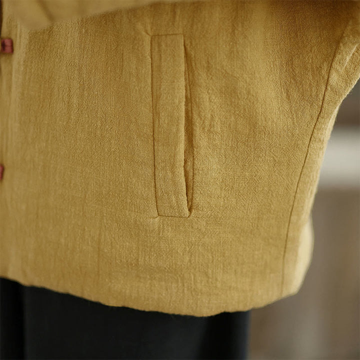 Veste femme en coton épais uni à manches longues et poches, ornée de boutons grenouille et de Buddha Stones. - image 9