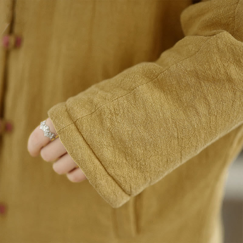 Veste femme en coton épais uni à manches longues et poches, ornée de boutons grenouille et de Buddha Stones. - image 8