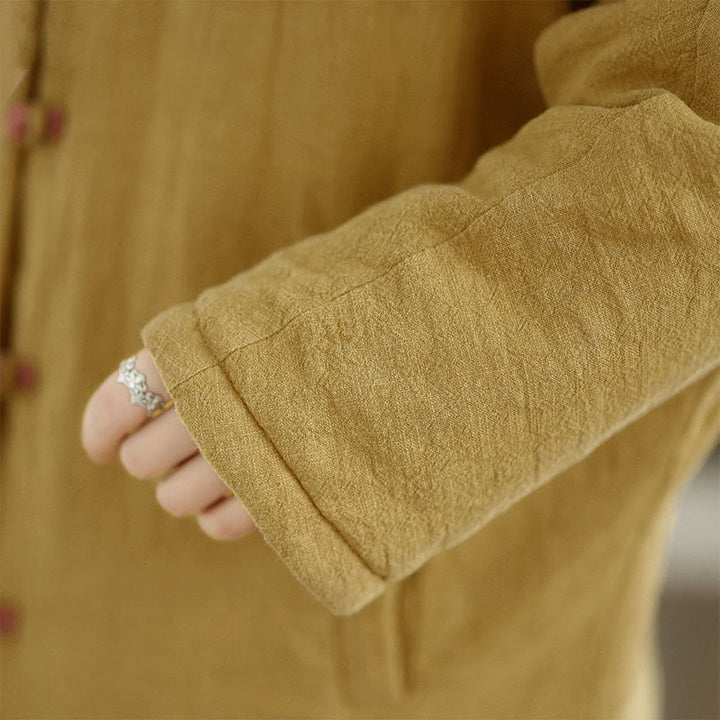 Veste femme en coton épais uni à manches longues et poches, ornée de boutons grenouille et de Buddha Stones. - image 8